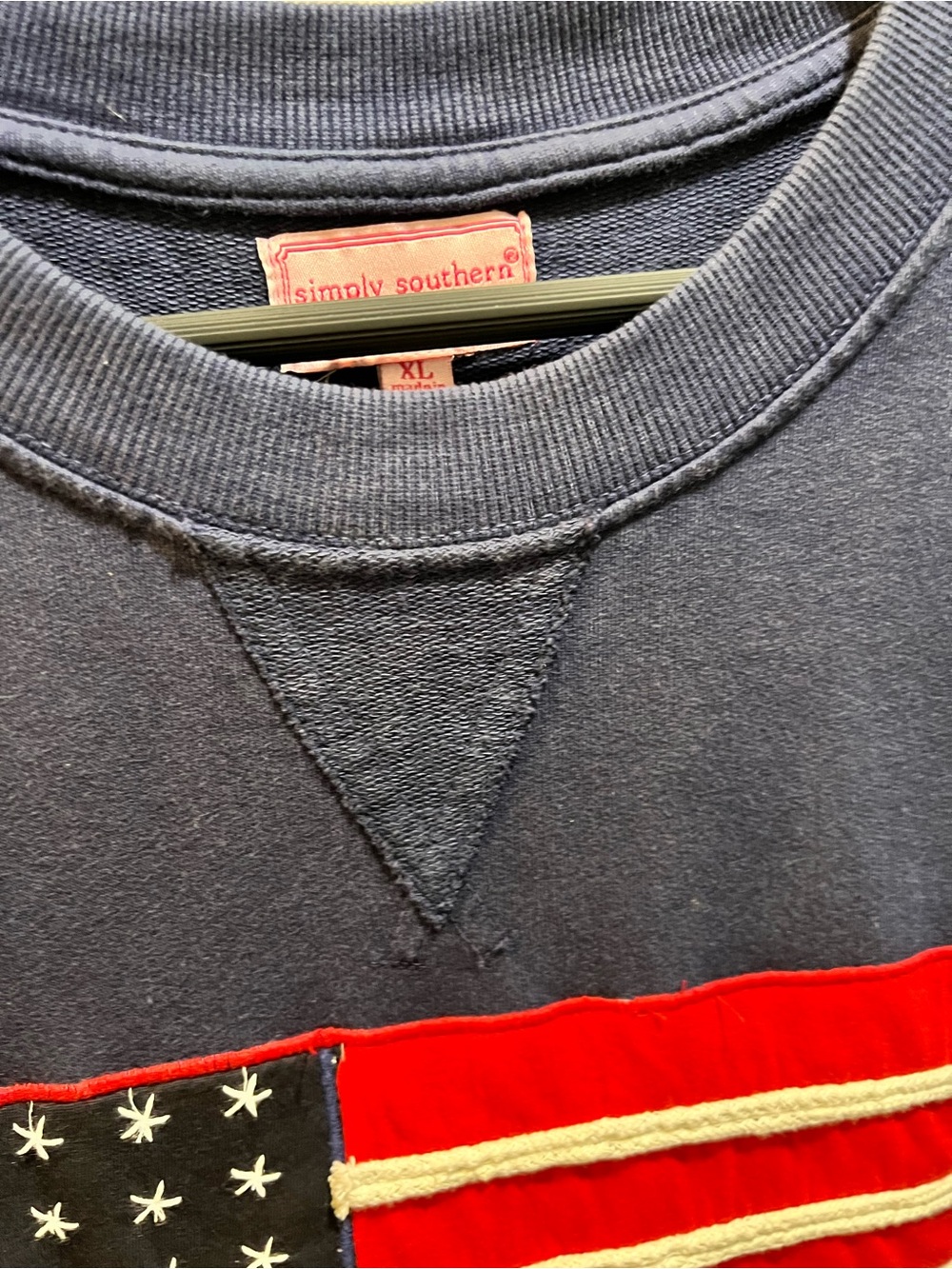 Simply Southern Navy Crewneck Sweatshirt with Red & White Flag Patch - Picture 7 of 8